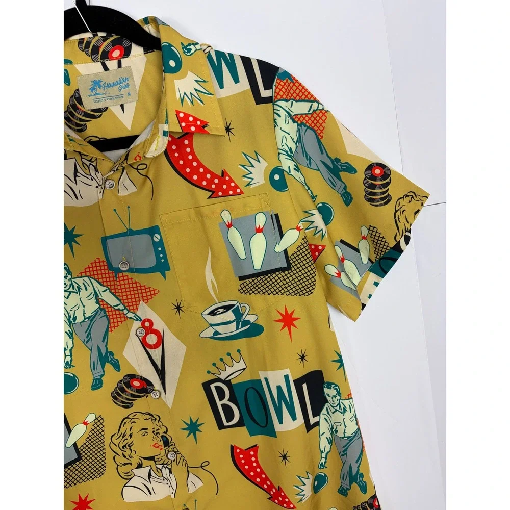Royaura Bowling Graphic Retro Short Sleeve Button Down Shirt Size M
